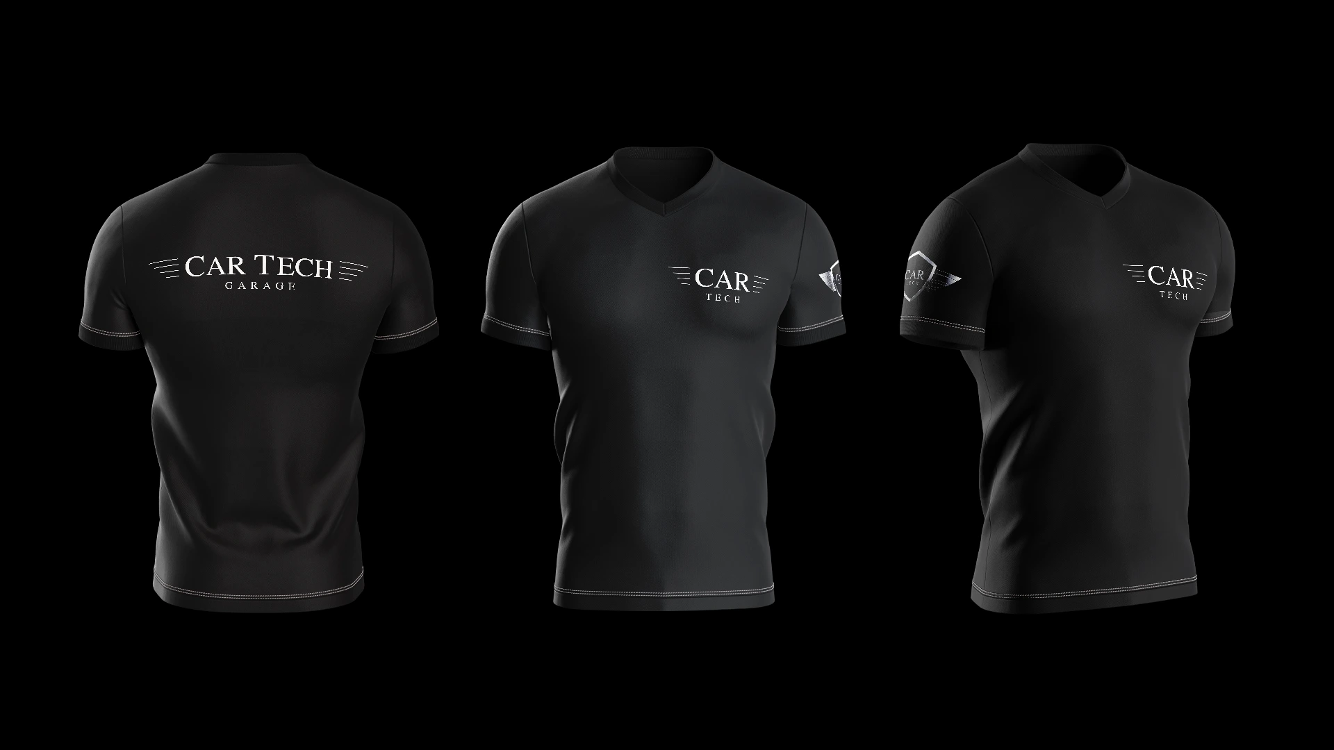 Uniformes pretos da Car Tech Garage com aplicações da marca