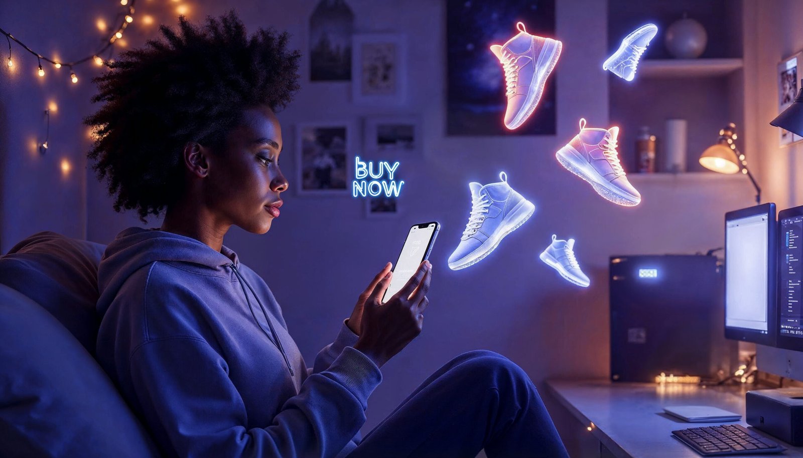 Jovem explorando loja virtual de tênis da Puma no Fortnite com marketing imersivo em ambiente gamer.