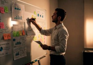 Profissional analisando gráficos em quadro branco, representando comparação entre marketing digital estratégico e processual