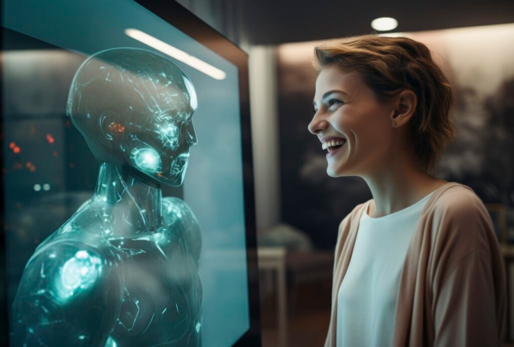 Mulher sorrindo para um robô representando agentes de IA simplificando o marketing digital