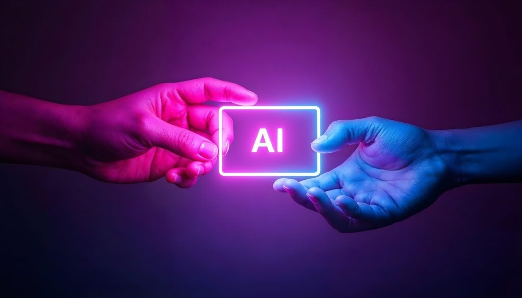 mãos segurando um letreiro de neon com a sigla AI, representando as inovações em inteligência artificial nas atualizações de 2025 da adobe lançando IA