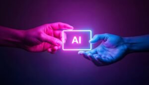 mãos segurando um letreiro de neon com a sigla AI, representando as inovações em inteligência artificial nas atualizações de 2025 da adobe lançando IA