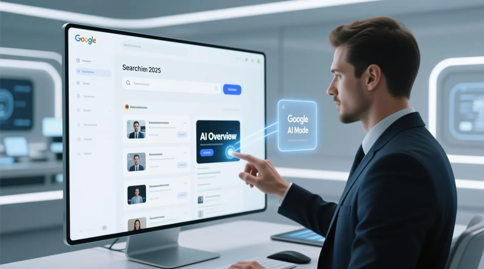 AEO e a busca por IA: profissional interage com AI Overview e Google AI Mode no Google Search 2025