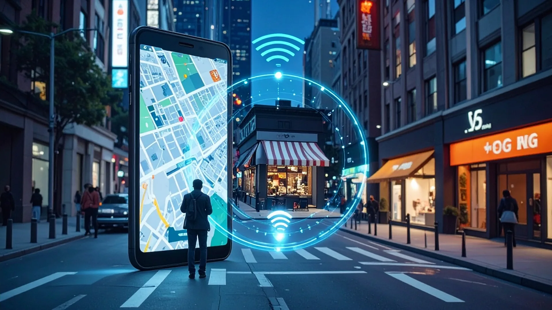 geopublicidade com IA e 5G mostrando anúncio por localização em tempo real na rua