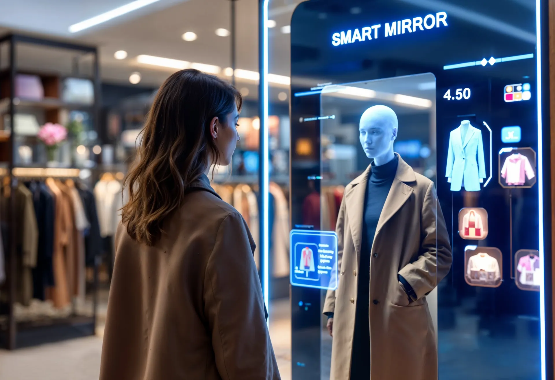 IA generativa para personalização em e-commerce com espelho inteligente interativo em loja de roupas