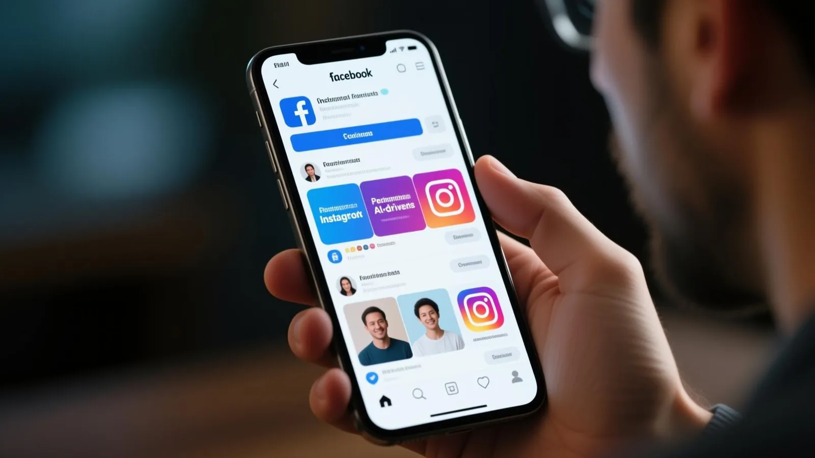 Meta AI vai personalizar anúncios no Facebook e Instagram — smartphone mostra feed com ícones das plataformas (16/12/2025).