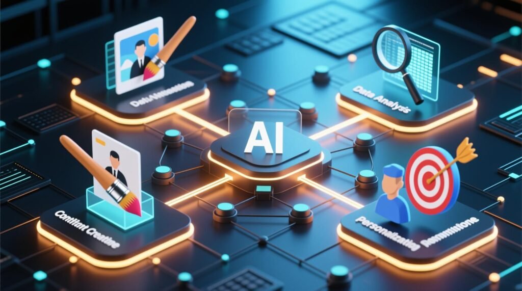 Diagrama ilustrando como a automação de marketing com IA conecta diferentes etapas da jornada do cliente, desde a geração de leads até a análise de dados e personalização.
