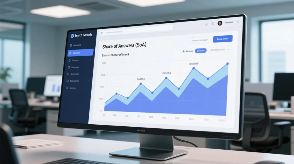 Dashboard do Search Console mostrando evolução do Share of Answers (SoA) por cluster de intenção via Query Groups