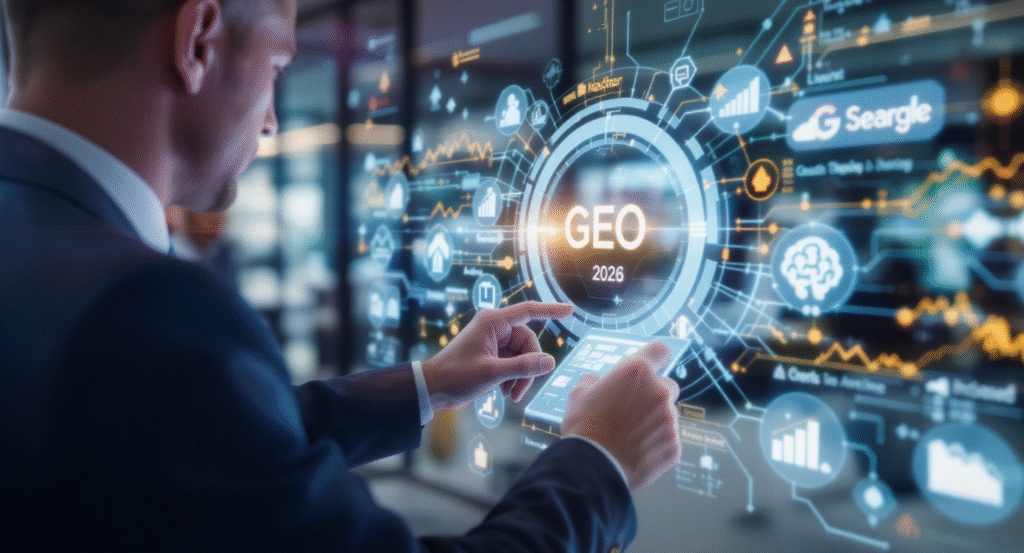 Profissional de marketing analisando dados de otimização de motores generativos (GEO) para 2026 em painéis de IA