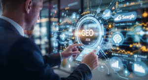 Profissional de marketing analisando dados de otimização de motores generativos (GEO) para 2026 em painéis de IA