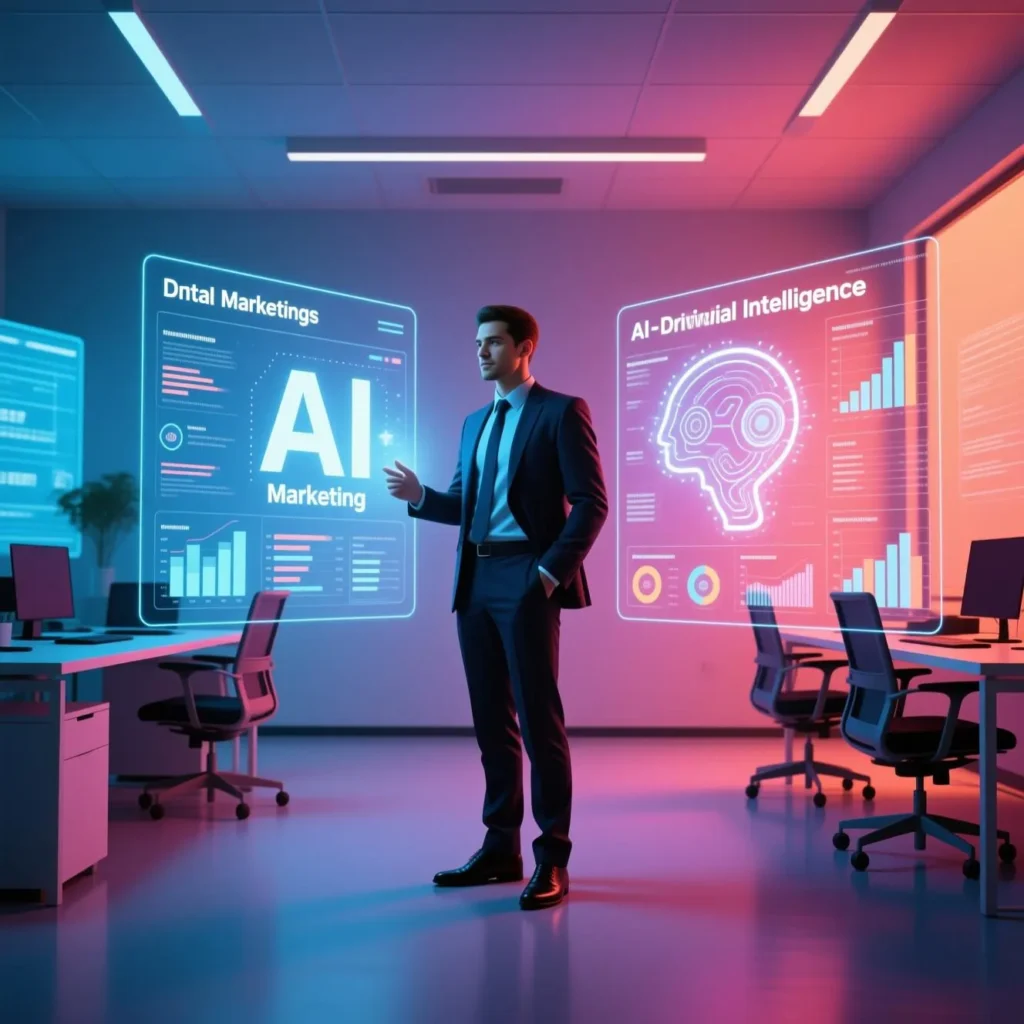 Profissional de marketing digital apresentando ferramentas de inteligência artificial em sala de reunião moderna