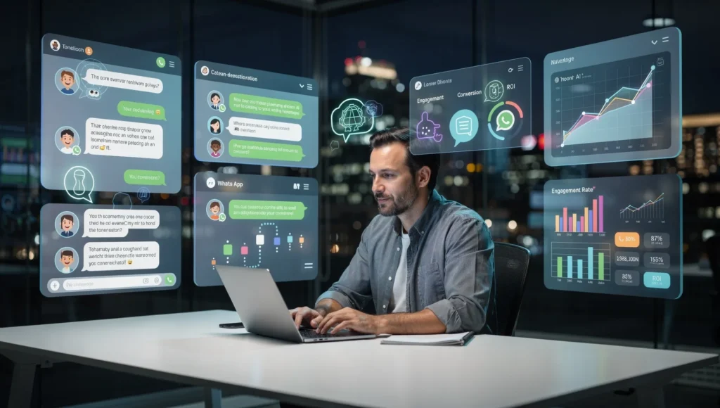 Profissional de marketing utilizando marketing conversacional com IA em 2026 com chatbots e WhatsApp Business em múltiplas telas.