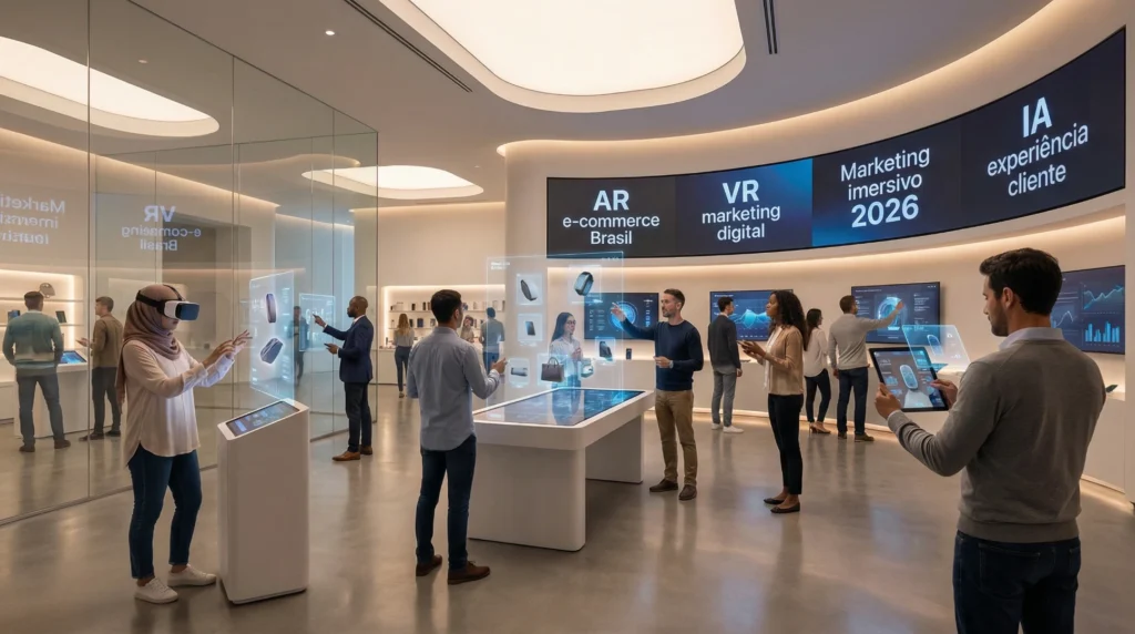 Pessoa usando smartphone com realidade aumentada AR visualizando produtos e óculos VR representando marketing imersivo AR VR IA para e-commerce 2026.