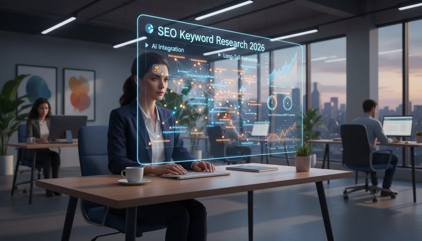 Profissional de marketing analisando pesquisa de palavras‑chave SEO 2026 em um painel com gráficos e nuvem de termos.