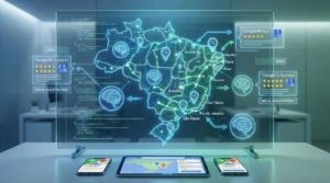 Mapa do Brasil com pins de localização e ícones de IA representando SEO local e GEO para empresas brasileiras em 2026.