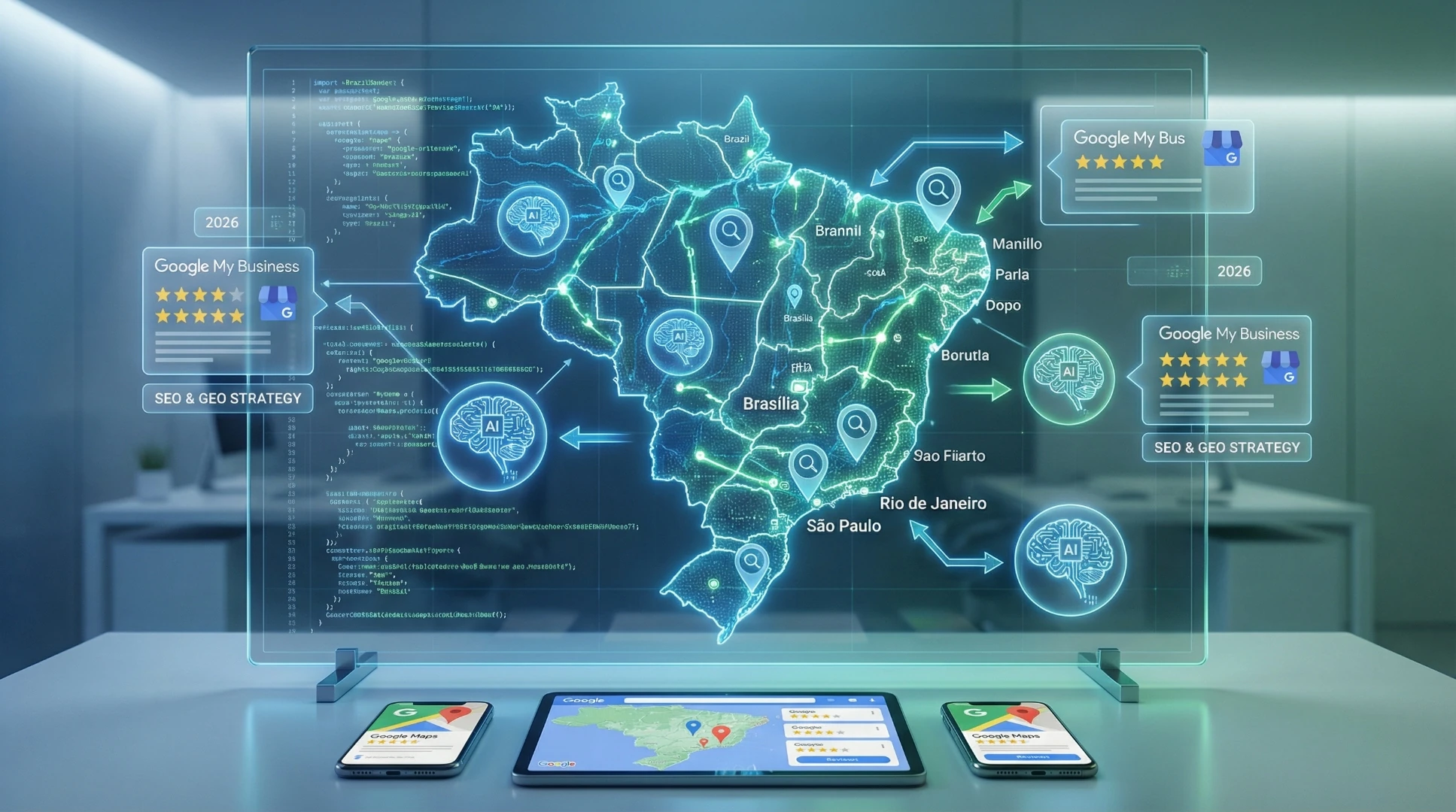 Mapa do Brasil com pins de localização e ícones de IA representando SEO local e GEO para empresas brasileiras em 2026.