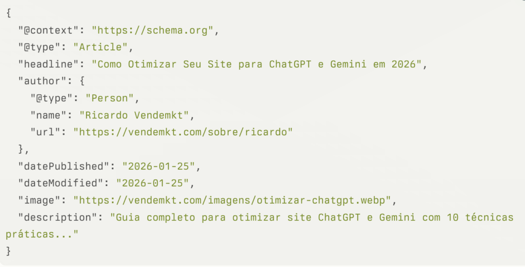 Diagrama visual de schema markup mostrando estrutura Article conectada a elementos Author (pessoa), datePublished (calendário), image (foto) e Organization (empresa). Organization schema conecta-se a logo, URL e perfis sociais (sameAs). Representação isométrica em cubos 3D de dados estruturados essenciais para otimizar site ChatGPT e facilitar compreensão por IAs.