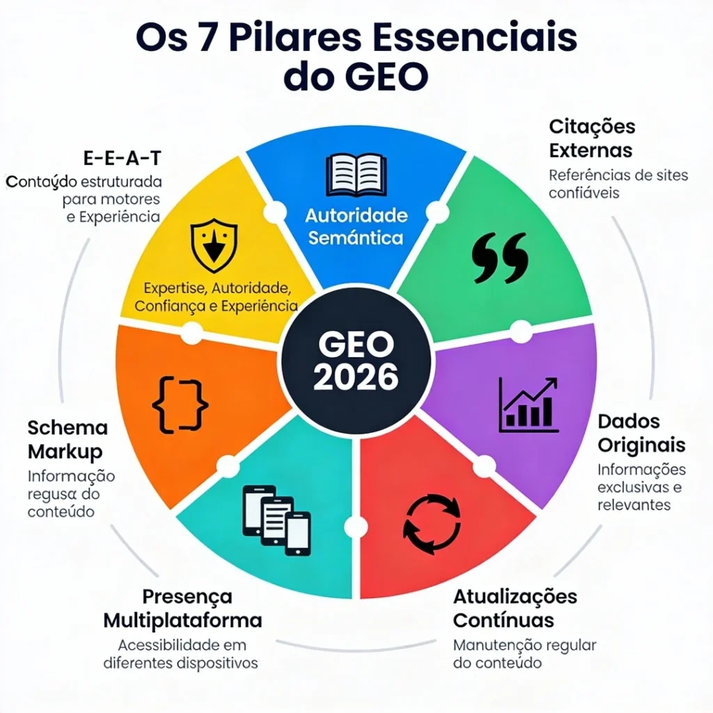 Diagrama circular dos 7 pilares essenciais para GEO (Generative Engine Optimization): autoridade semântica, citações de terceiros, dados originais e pesquisa, estrutura de dados (schema markup), presença multiplataforma, atualizações contínuas e E-E-A-T (experiência, expertise, autoridade, confiança)