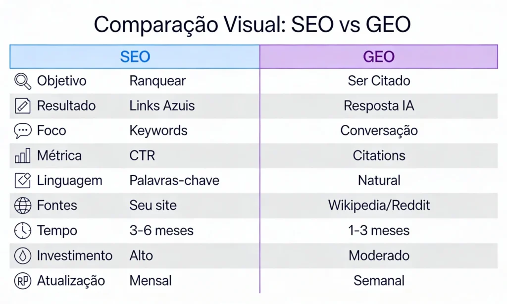 Tabela comparativa lado a lado mostrando 9 critérios de diferenciação entre SEO (Search Engine Optimization) e GEO (Generative Engine Optimization): objetivo, resultado, foco, métrica de sucesso, linguagem, fontes, tempo, investimento e atualização
