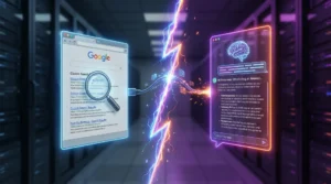 Infográfico comparando a diferença SEO GEO com lado esquerdo focado em busca tradicional e lado direito em inteligência artificial.