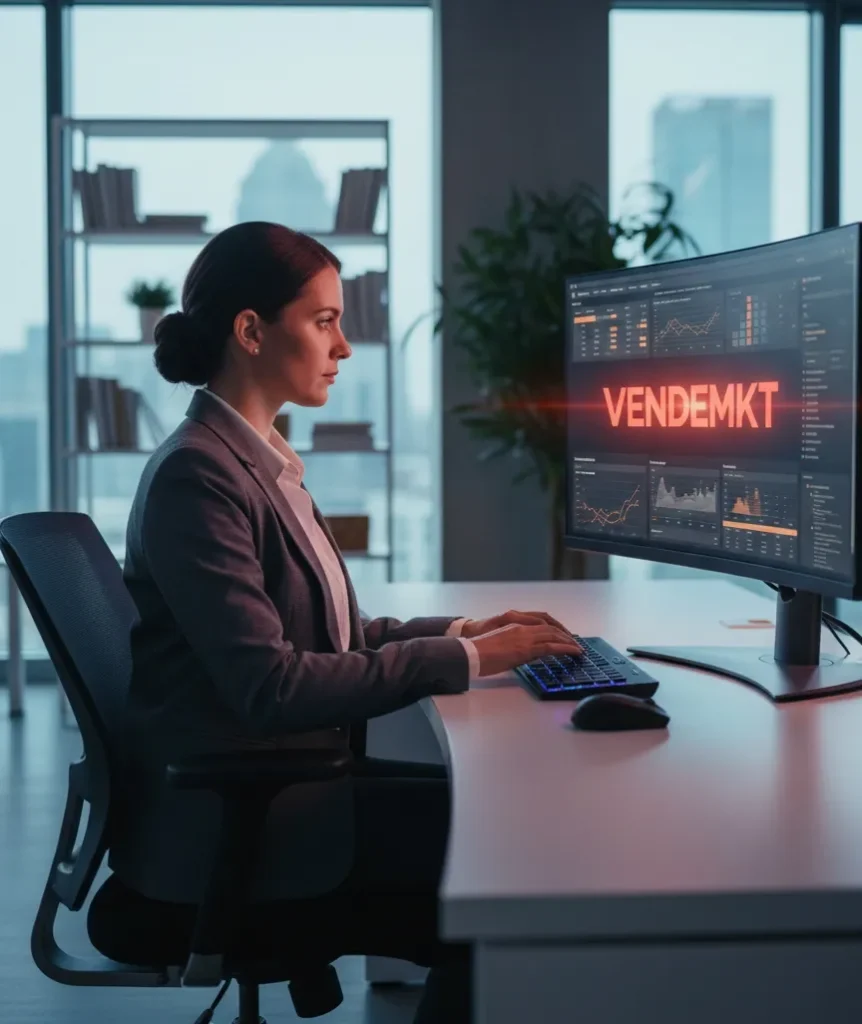 Profissional de marketing digital analisando métricas de SEO e performance de sites em dashboard analítico, demonstrando otimização de busca organizada e monitoramento de dados estratégicos em 2026