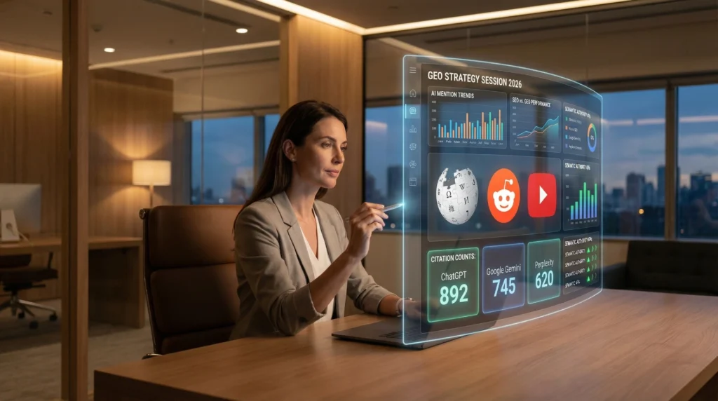 Profissional de marketing digital analisando dashboard com gráficos de GEO (Generative Engine Optimization) mostrando citações em ChatGPT, Gemini e Perplexity - conceito de otimização para inteligência artificial