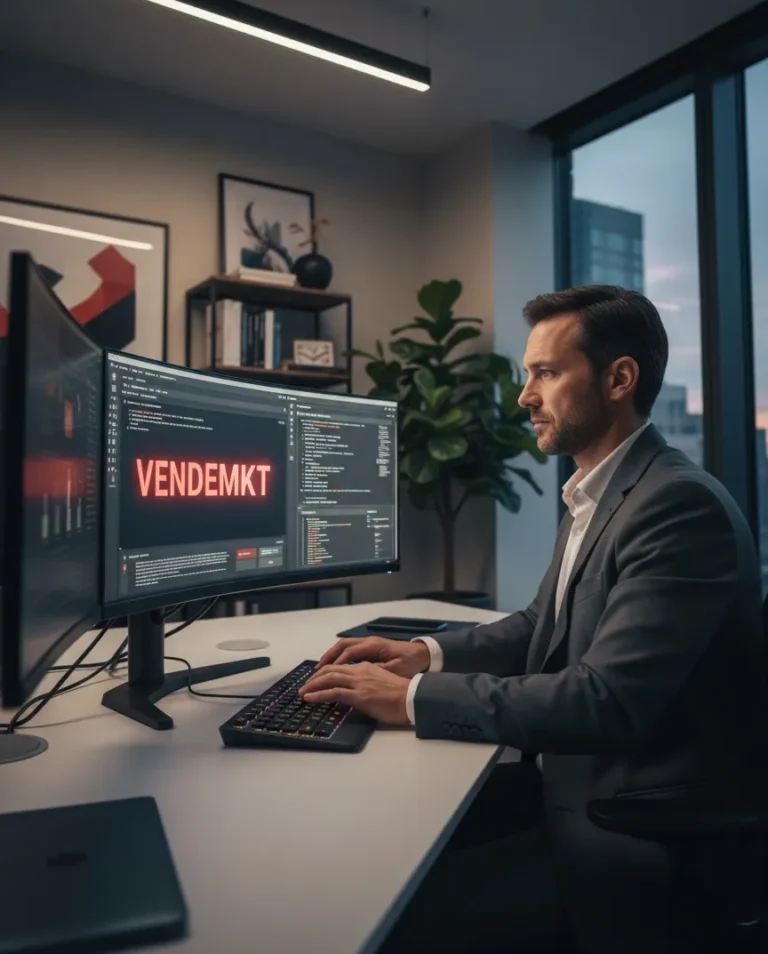 Especialista configurando infraestrutura técnica de GEO e monitorando métricas de visibilidade em IA no painel Vendemkt.