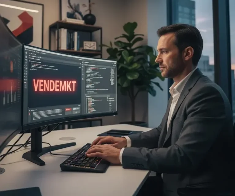 Especialista configurando infraestrutura técnica de GEO e monitorando métricas de visibilidade em IA no painel Vendemkt.