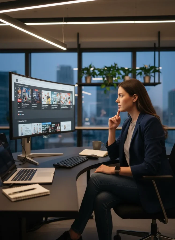 Mulher profissional de marketing digital analisando dashboard de posicionamento, estratégias de SEO e GEO em escritório moderno