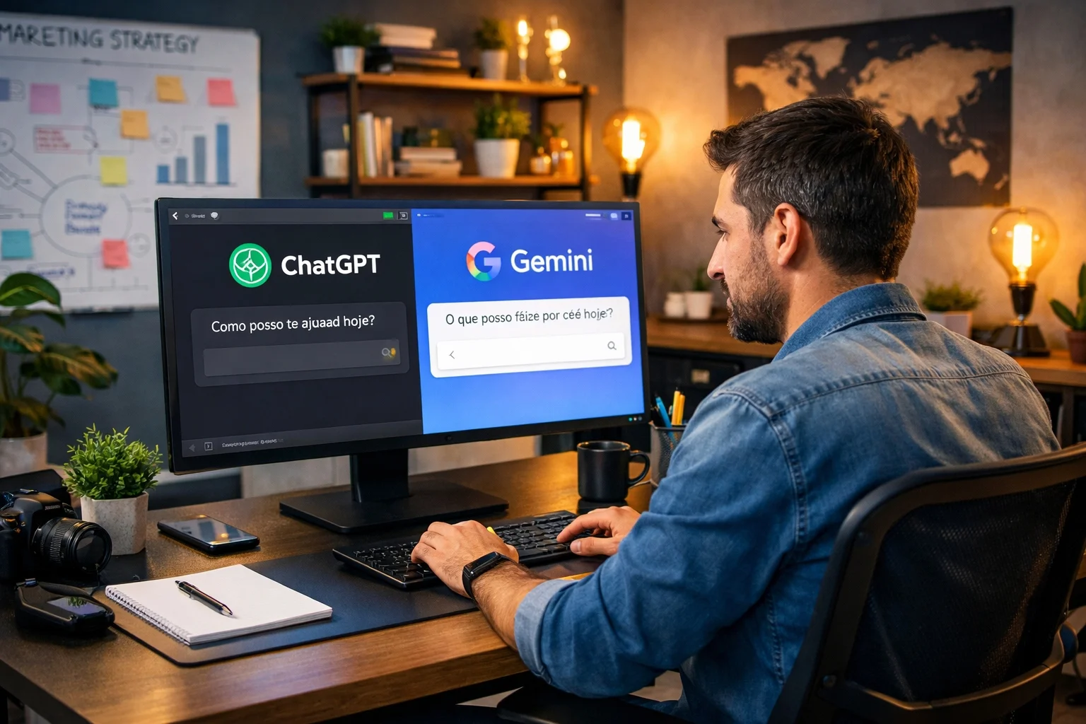 Infográfico sobre otimizar site ChatGPT e Gemini em 2026: mostra um site (desktop e mobile) com estrutura SEO/AEO (H1, H2, FAQ, schema markup, sitemap.xml e velocidade/Core Web Vitals) conectado por setas a uma interface de chat “ChatGPT” e “Gemini” exibindo “Fonte: seu site” e um trecho de resposta, ilustrando como conteúdo bem estruturado pode ser citado por IA e aparecer em respostas diretas.