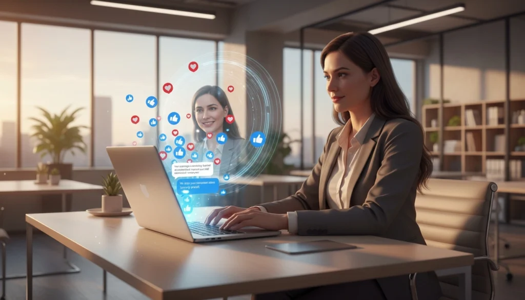Profissional de marketing observando chatbot de IA em laptop com ícones de aprovação, simbolizando como o ChatGPT foi treinado para agradar e os riscos da validação artificial para a saúde mental