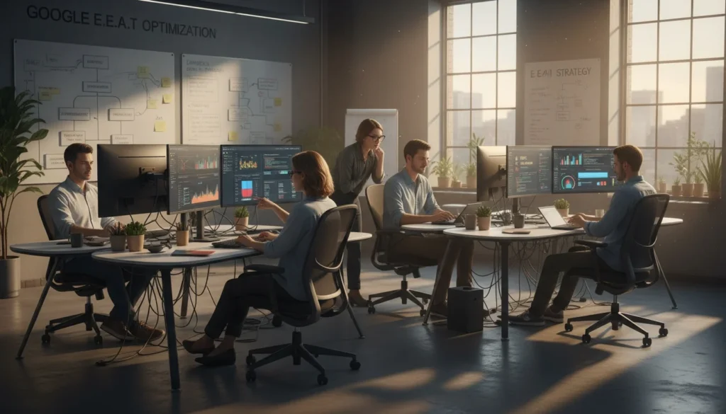 Infográfico dos 4 pilares do E-E-A-T do Google (Experience, Expertise, Authoritativeness, Trustworthiness) representados como colunas geométricas modernas em tons de azul progressivos, sustentando um selo de qualidade. Na base de cada pilar, ícones representativos: mão com ferramenta (experiência), cérebro (expertise), megafone (autoridade) e cadeado (confiança), interconectados por linhas laranja neon.