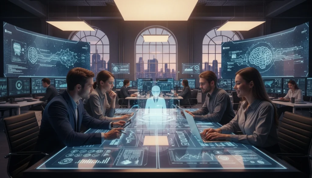 Equipe de marketing digital usando IA generativa no marketing para planejar campanhas com dados e ferramentas em tempo real