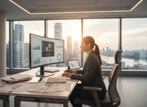 Infográfico técnico sobre schema markup GEO mostrando código JSON-LD estilizado conectando um website a três IAs generativas (Google AI, ChatGPT, Perplexity) por meio de um grafo de entidades com nós Organization, Person, Article e FAQPage interconectados. Linhas de dados em azul e laranja neon representam o fluxo de informações estruturadas que alimentam AI Overviews e respostas geradas por IA, com ícones de rich results no topo.