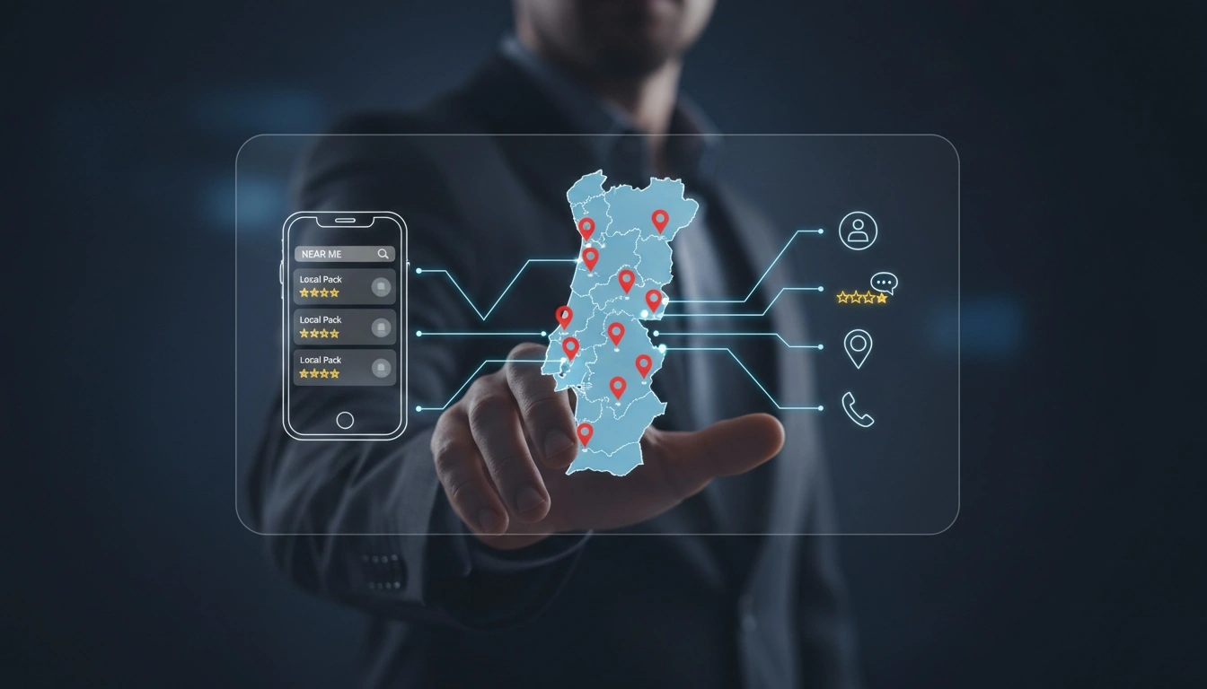 Infográfico sobre SEO local para Portugal mostrando mapa estilizado de Portugal com marcadores de localização vermelhos sobre Lisboa, Porto, Braga, Coimbra e Faro, um smartphone com resultados do Google Local Pack com estrelas de avaliação, e ícones de elementos de SEO local como perfil de empresa, avaliações, morada e telefone conectados por linhas azuis.