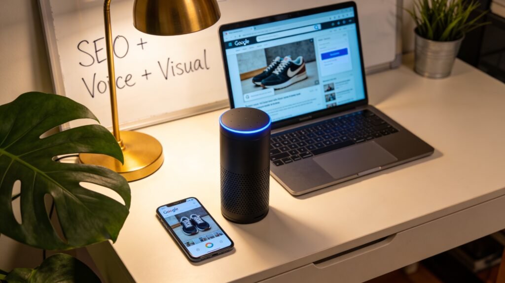 Profissional de marketing usando Google Lens no smartphone para escanear produto ao lado de smart speaker com anel azul ativo, representando a busca por voz SEO e pesquisa visual no marketing digital