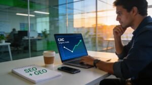 Profissional de marketing analisando gráfico de queda do CAC em laptop, representando como reduzir CAC com SEO e GEO em pequenas e médias empresas
