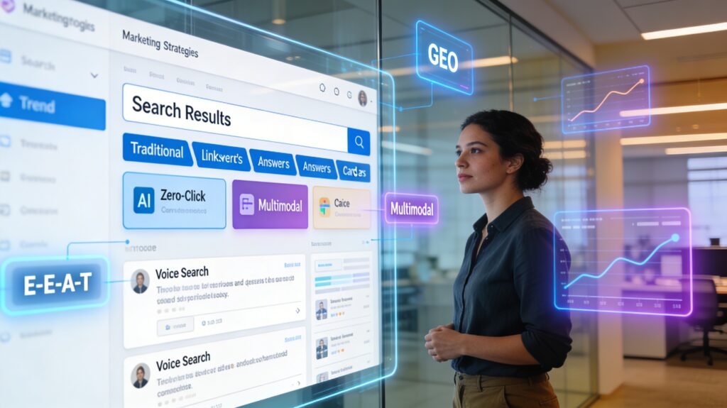 Profissional de marketing digital analisando as principais tendências SEO 2026 em uma interface futurista de busca com IA generativa, GEO e zero-click