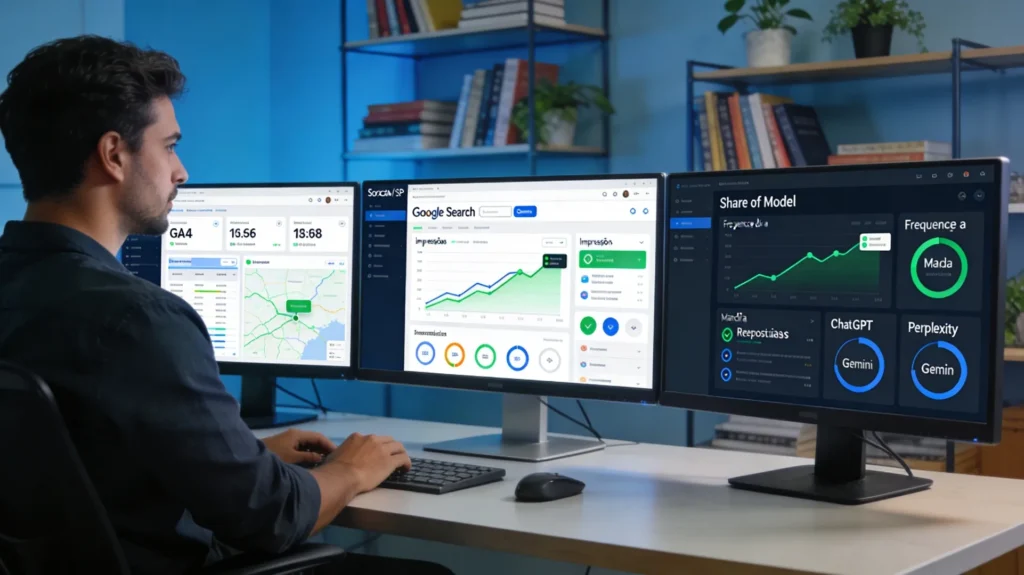 Profissional de marketing em Sorocaba analisando métricas GEO 2026 no GA4, Google Search Console e dashboard de Share of Model com dados de ChatGPT, Gemini e Perplexity