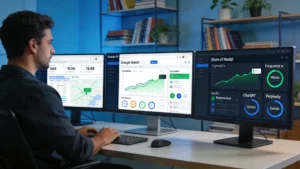 Profissional de marketing em Sorocaba analisando métricas GEO 2026 no GA4, Google Search Console e dashboard de Share of Model com dados de ChatGPT, Gemini e Perplexity