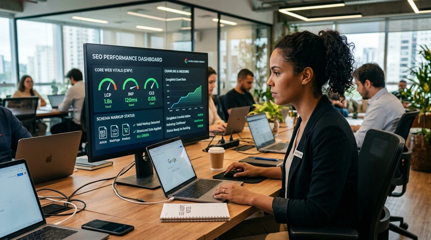 Profissional analisando auditoria técnica SEO 2026 com Core Web Vitals e Schema para IAs em dashboard