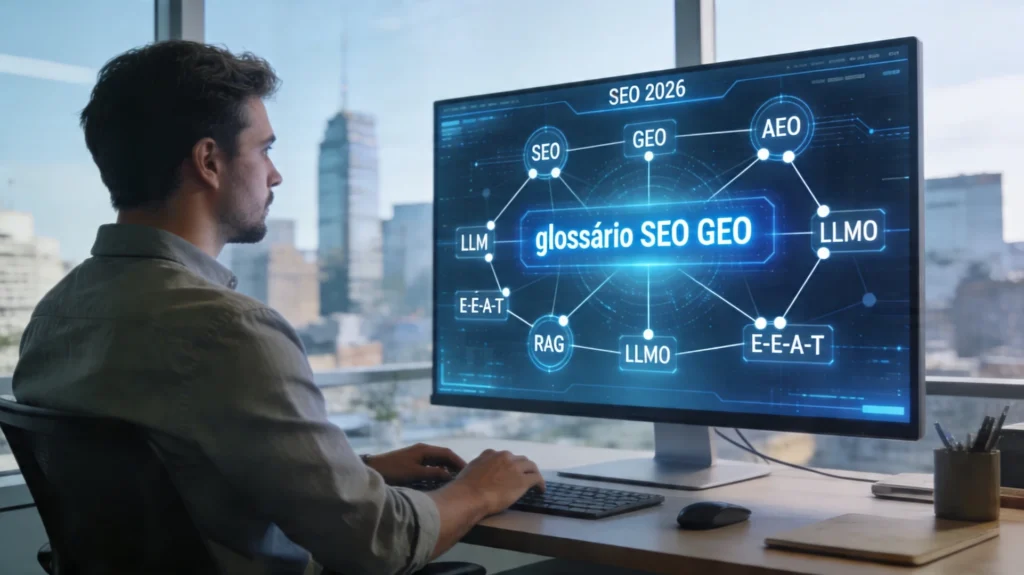 Glossário SEO GEO 2026 em tela futurista analisado por profissional de marketing em Sorocaba, focado em IA e zero-click