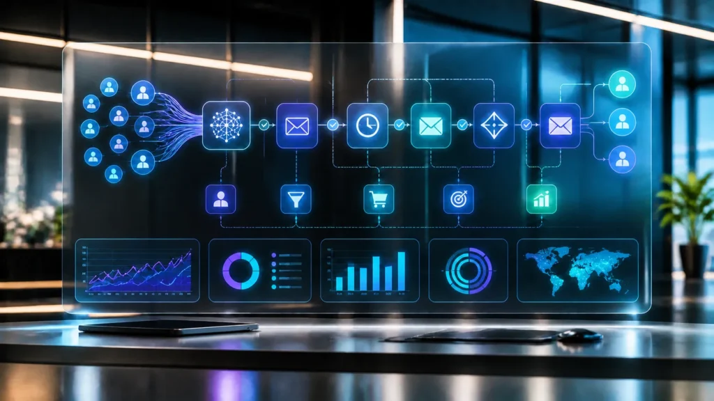 Profissional de marketing em Sorocaba analisando painel de automação de email marketing com IA em 2026, com fluxos de nurturing, segmentação preditiva e métricas de ROI em tela futurista