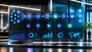 Profissional de marketing em Sorocaba analisando painel de automação de email marketing com IA em 2026, com fluxos de nurturing, segmentação preditiva e métricas de ROI em tela futurista
