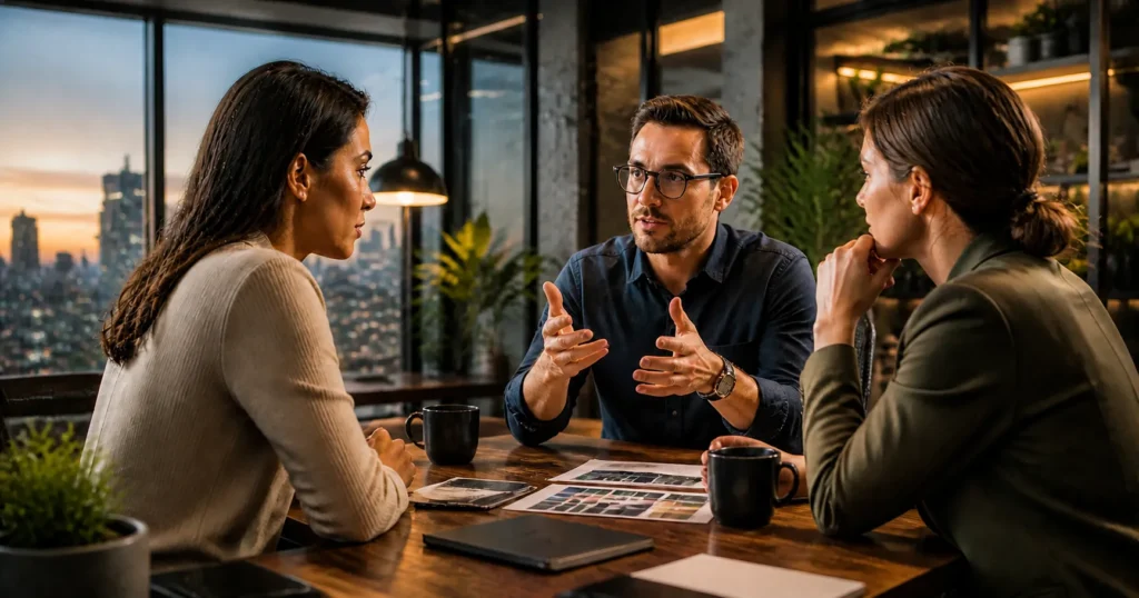 Profissional de marketing em Sorocaba analisando base de dados proprietários com painéis de Benchmarks CAC e GEO para PMEs e aquisição de clientes em tela futurista