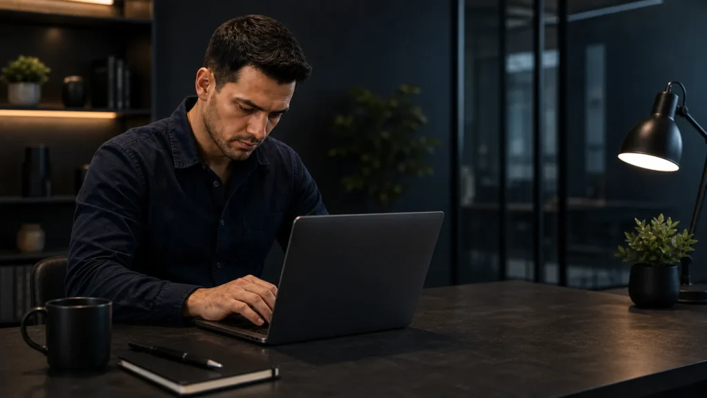 Profissional de marketing em Sorocaba escrevendo Copywriting SEO GEO em 2026 em laptop com estrutura AIDA e blocos citáveis para IA generativa em tela futurista