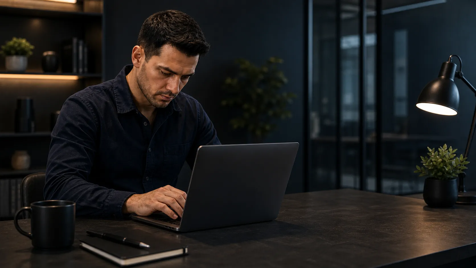 Profissional de marketing em Sorocaba escrevendo Copywriting SEO GEO em 2026 em laptop com estrutura AIDA e blocos citáveis para IA generativa em tela futurista