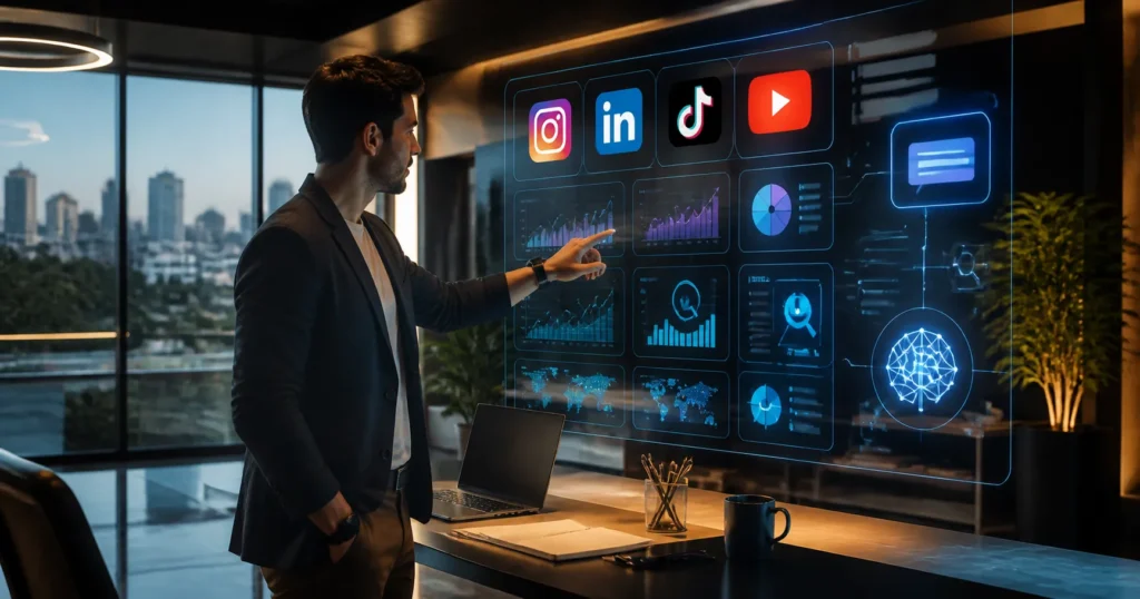 Profissional de marketing em Sorocaba analisando painel de Social SEO em 2026 com Instagram LinkedIn TikTok e YouTube integrados ao GEO e indexados pelo Google em tela futurista