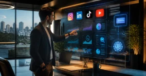 Profissional de marketing em Sorocaba analisando painel de Social SEO em 2026 com Instagram LinkedIn TikTok e YouTube integrados ao GEO e indexados pelo Google em tela futurista