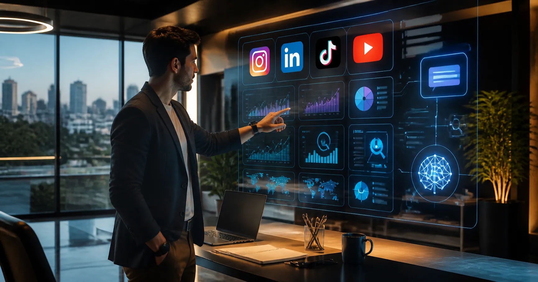 Profissional de marketing em Sorocaba analisando painel de Social SEO em 2026 com Instagram LinkedIn TikTok e YouTube integrados ao GEO e indexados pelo Google em tela futurista